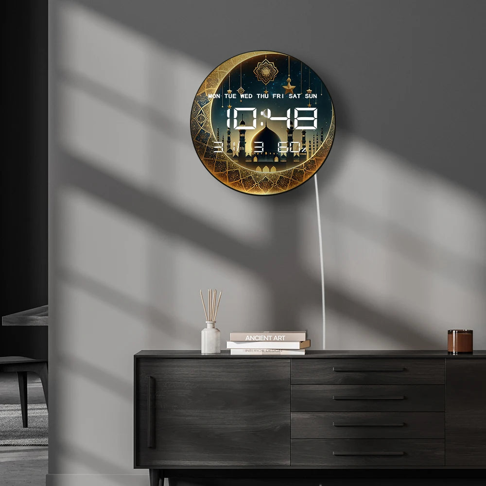 Gold Crescent Moon LED Digital Wall Clock with Timer Date Temperature Islamic Mosque Eid Mubarak Home Decor Electric Wall Clock