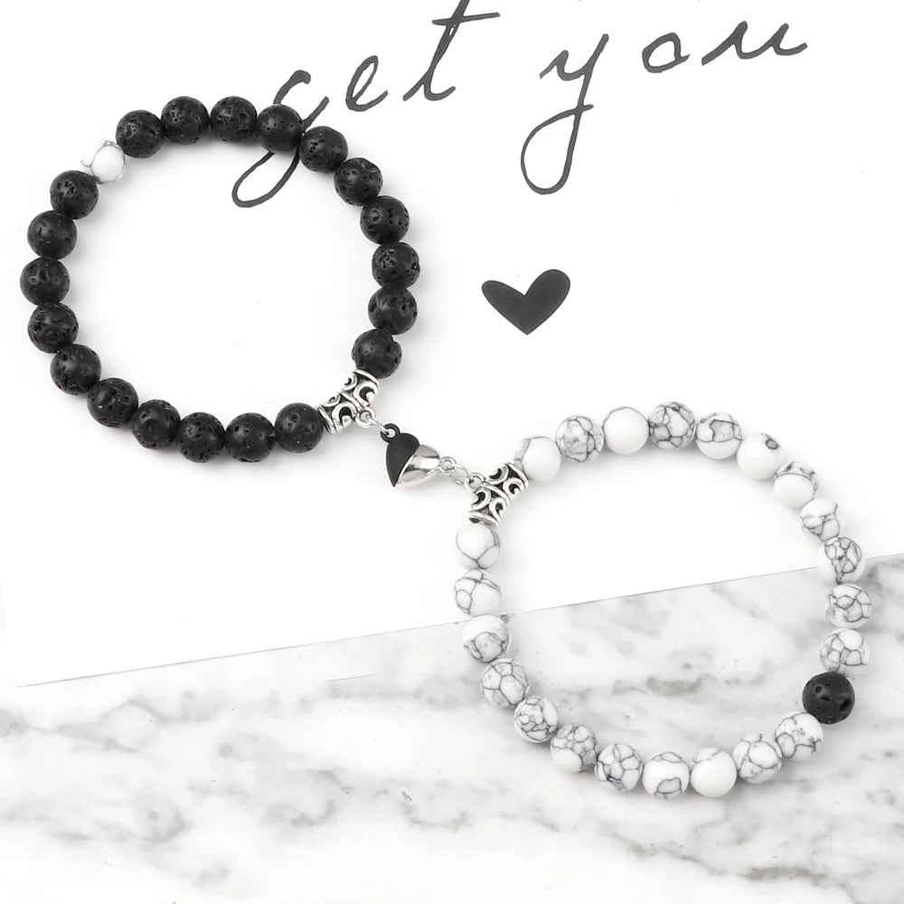 2Pcs/Set Sliver Black Color Magnet Pendant Bracelets 6MM 8MM White Porcelain Black Line Beads Couple Bracelet Jewelry Gift New