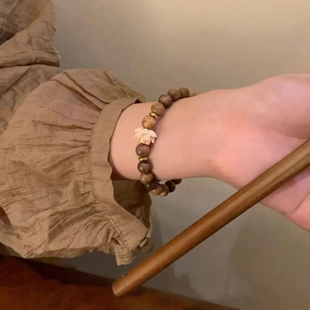 Elastic Flower Sandalwood Bangle Handwoven Rosary Wood Beaded Strand Bracelets Jewelry Hand Chain