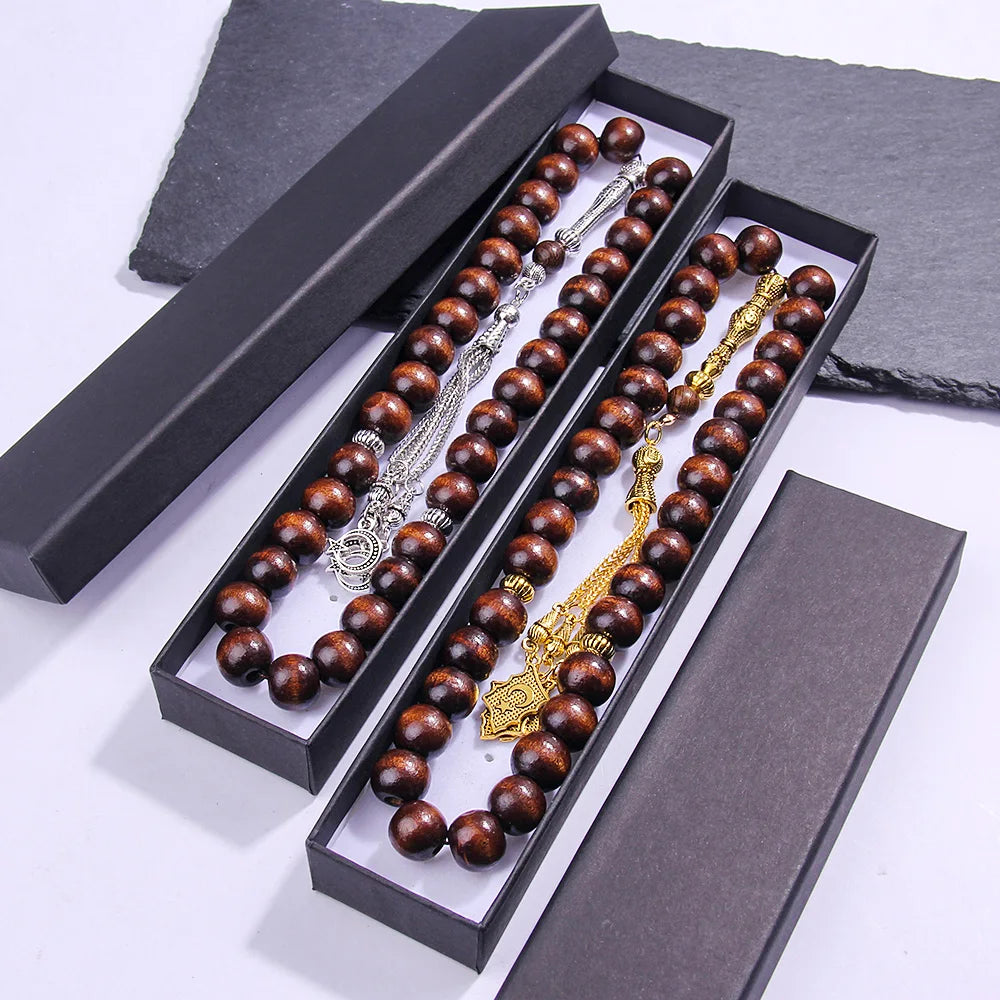 10×12mm Wooden Brown Muslim Rosary Bracelet Prayer Beads Star Moon Bracelet Ideal Gift for Ramadan Holy Anniversary Birthday