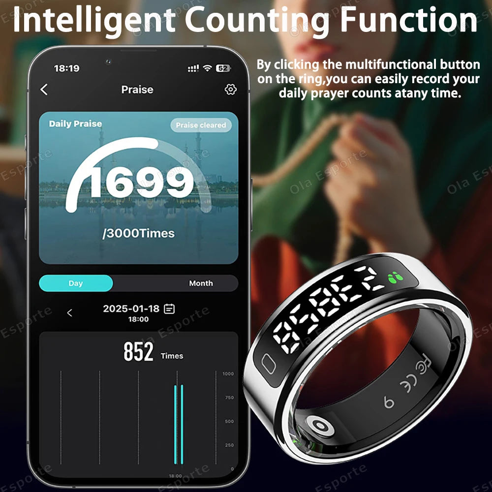 R11 Smart Ring with Display Screen and Touch, Zikr Tasbih Counter, With Charging Box, Health Manager,5ATM Waterproof For Android