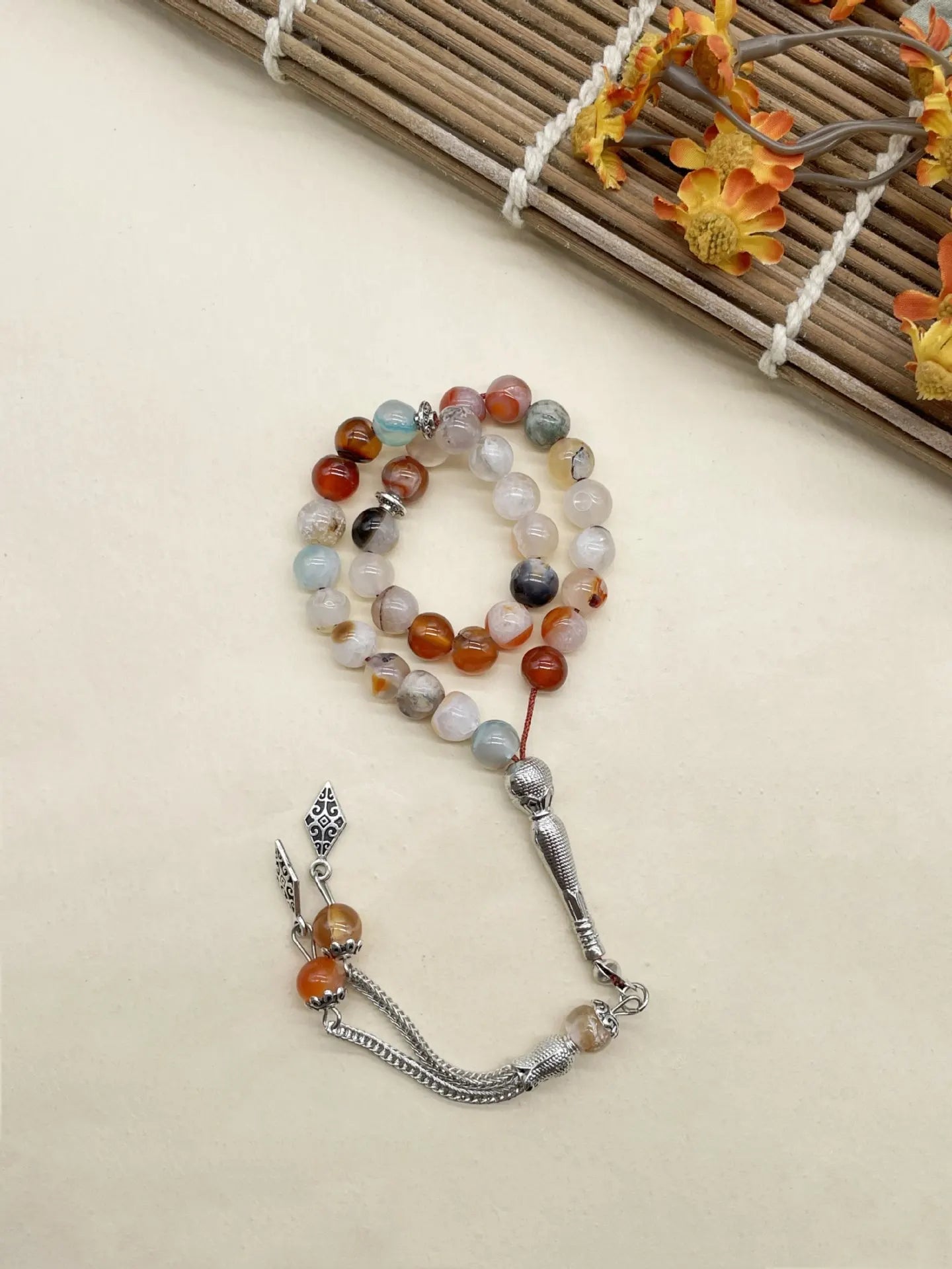 6pcs Natural Stone Beads Islamic Tasbih 8mm 33 Beads Misbaha Sebha Rosary Bracelet Muslim Men Women Meditation Prayer Jewelry