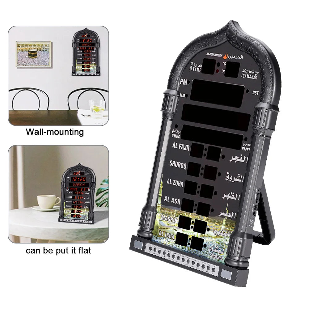 12V USEU Azan Mosque Calendar Muslim Prayer Black Wall Clock Islamic Mosque Azan Calendar Ramadan Home Decor with Remote Control