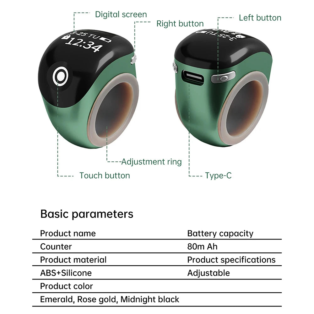 S8pro Digital Counter With OLED Dispaly Screen Finger Counters Type-C 120mah Charging Battery Smart Ring Touch Tally Counter