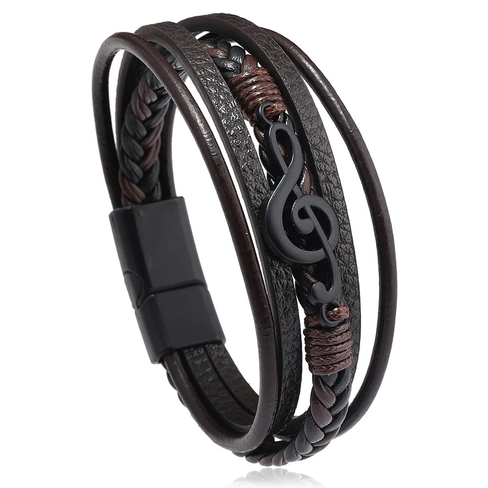 Men's Musical Symbol Leather Bracelet Vintage Creative Men's Bracelet Music Symbol Simple Leather Multi-Layer Bracelet