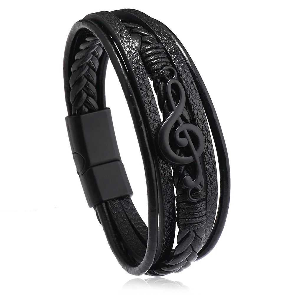 Men's Musical Symbol Leather Bracelet Vintage Creative Men's Bracelet Music Symbol Simple Leather Multi-Layer Bracelet