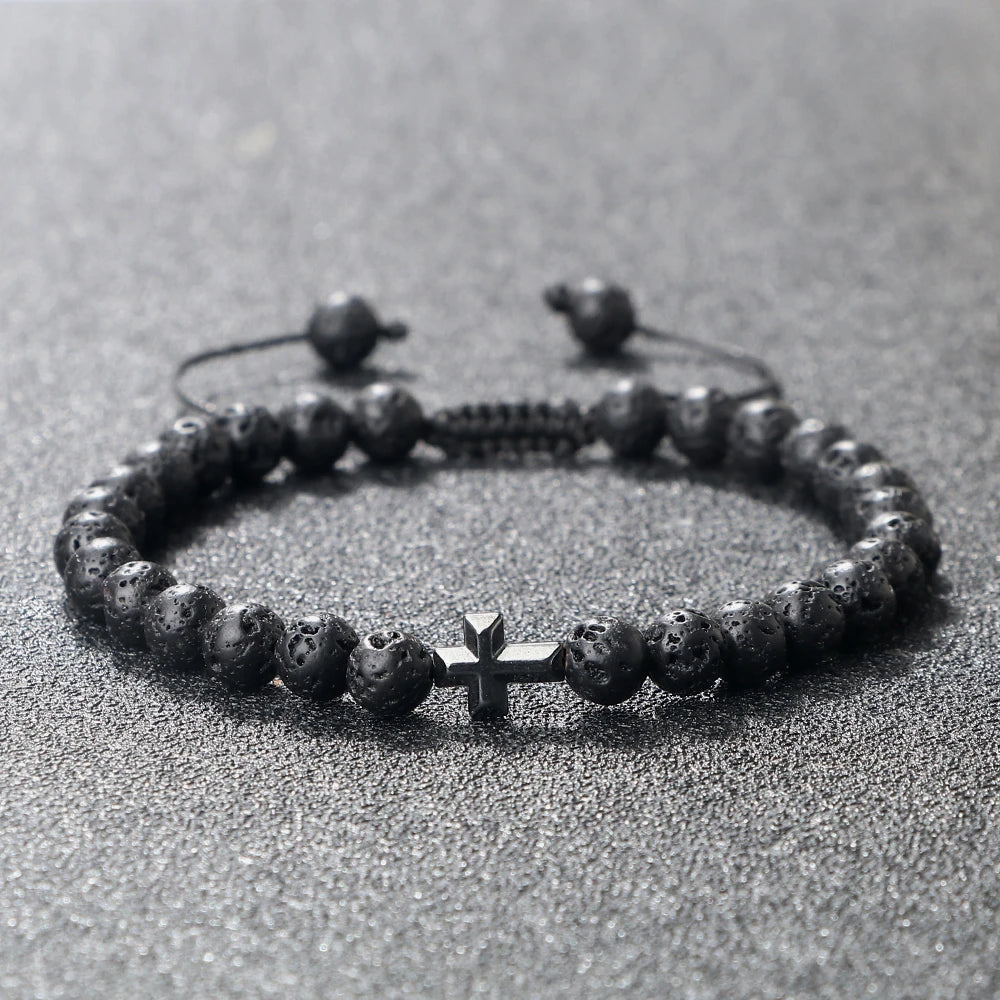 Prayer Men Handmade Woven Bracelet 6mm Natural Tiger Eye Stone Bangle with Hematite Cross Yoga Rosary Jewelry Homme Pulsera Gift