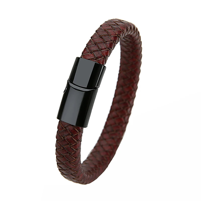 Mibrow Braided Black Leather Men Bracelet 10x5 12x6mm Size Fashion Metal Magnetic Clasp Wrap Bracelets Punk Charm Men Jewelry