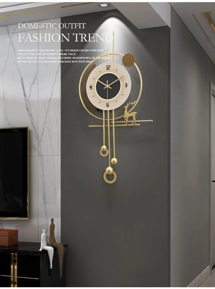 Modern minimalist TV background deer wall clock ,wooden grille decoration with lights hanging clock