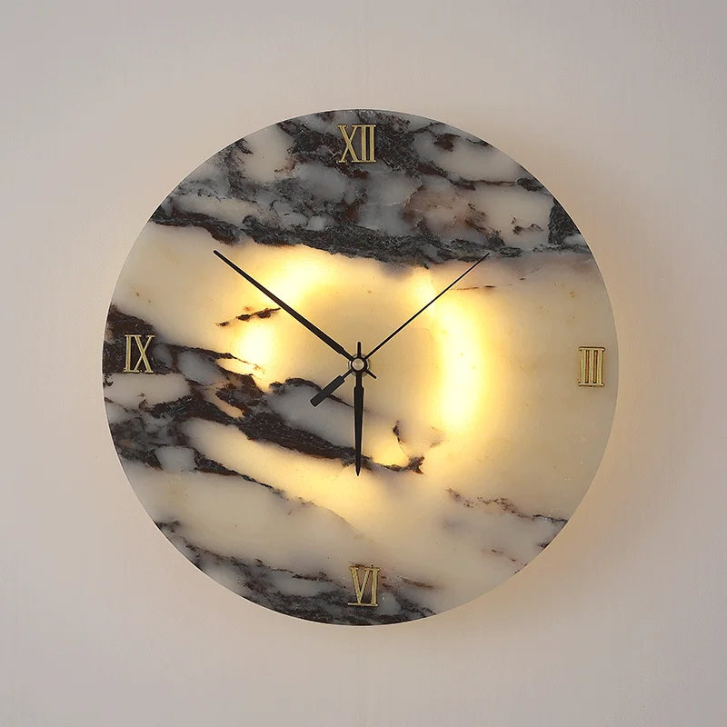 Round Luxury Clock function Natural Stone Alabaster Wall Lamp Living Room Marble Sconce Decor Atmosphere LED High-end LED Light
