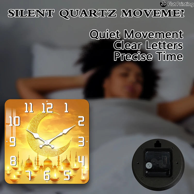 Wall Clock Islamic-themed crescent moon minarets Quartz Square Analog Bedroom Bathroom Christmas Halloween Birthdays Gift