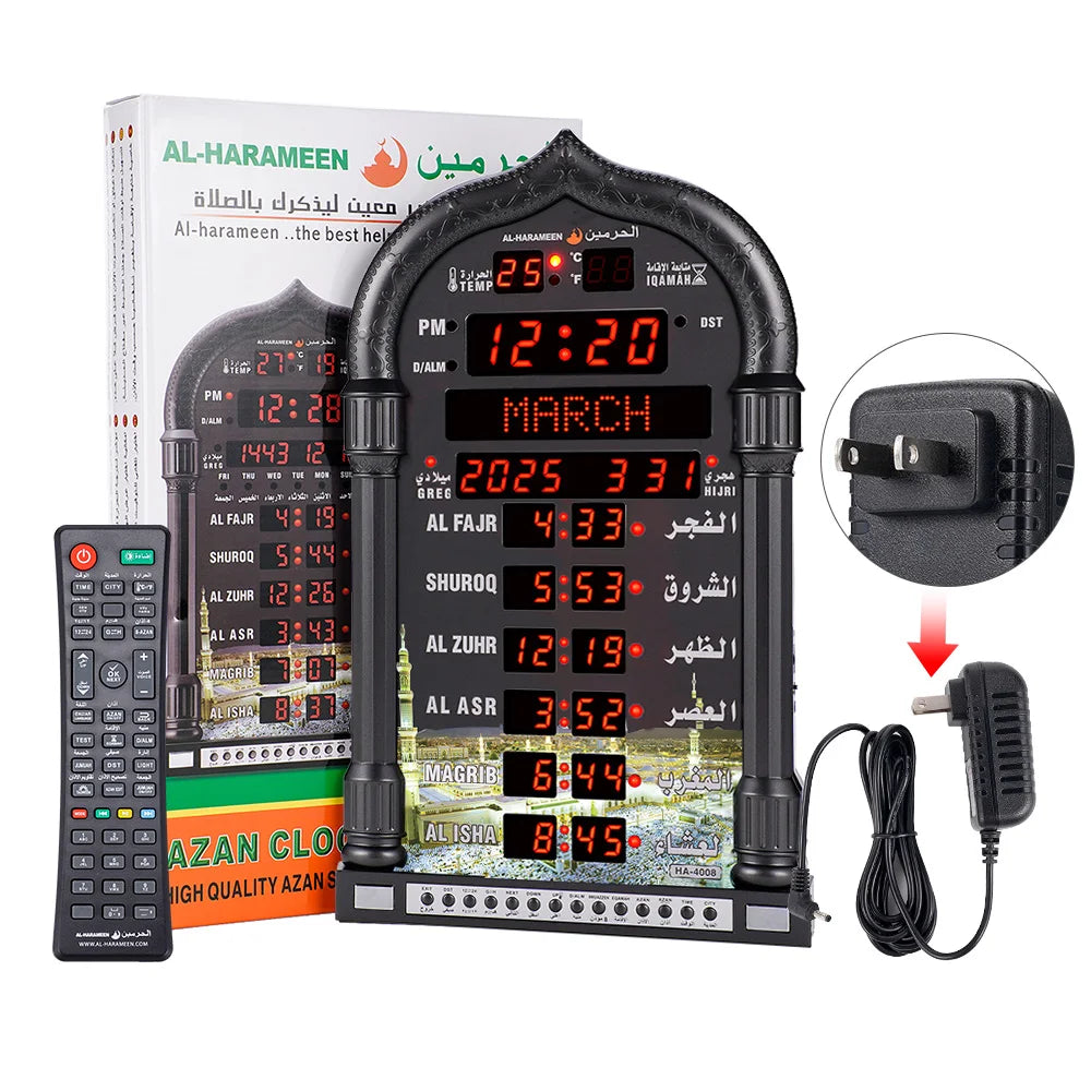 12V USEU Azan Mosque Calendar Muslim Prayer Black Wall Clock Islamic Mosque Azan Calendar Ramadan Home Decor with Remote Control