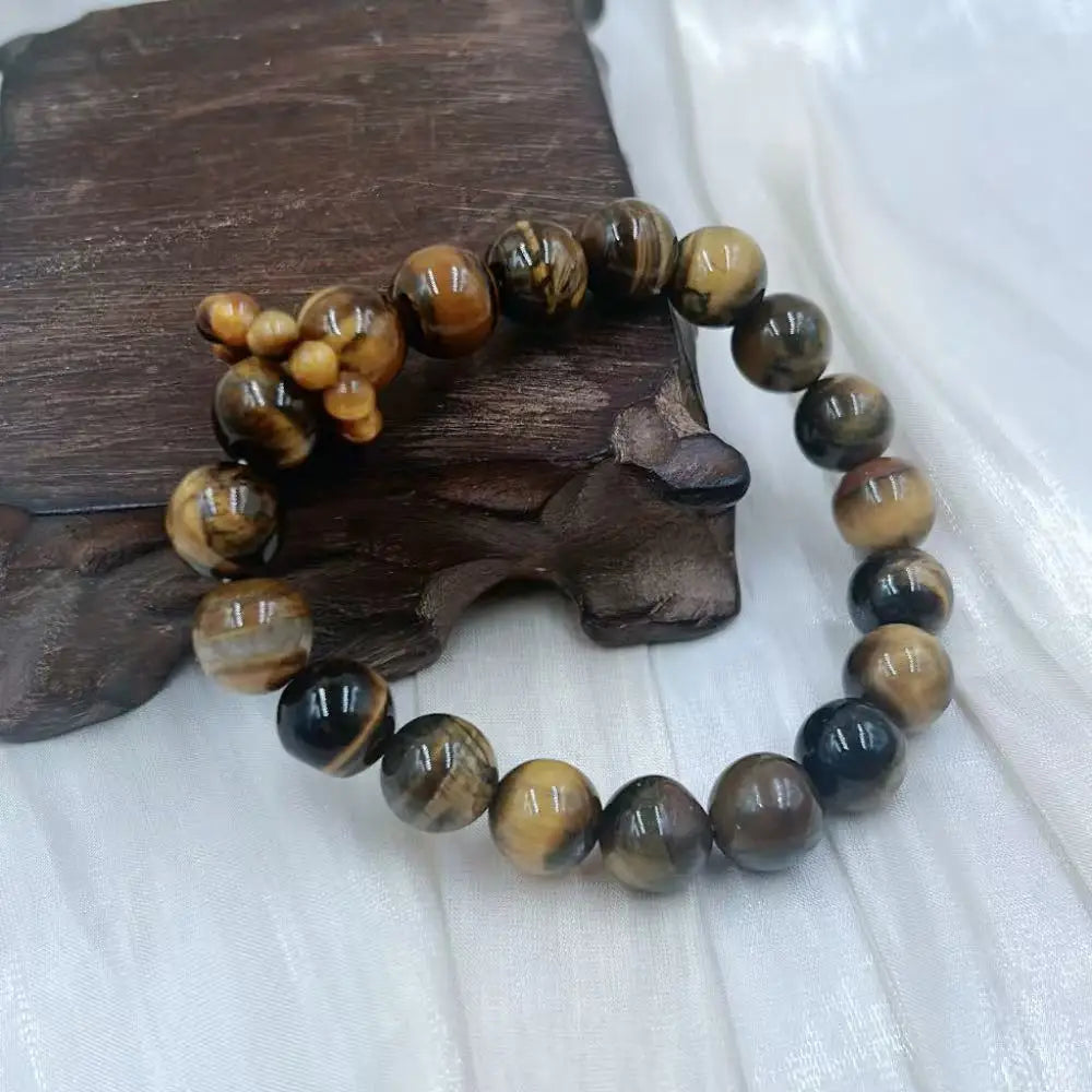 10mm New Style Ring in Ring Energy Yellow Tiger Eye Men Round Natural Gemstone Beads Jewelry Elastic Bracelet 7-8"