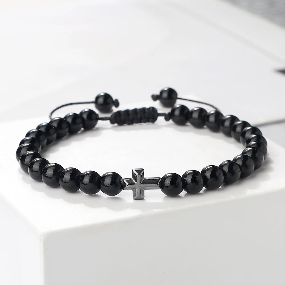 Prayer Men Handmade Woven Bracelet 6mm Natural Tiger Eye Stone Bangle with Hematite Cross Yoga Rosary Jewelry Homme Pulsera Gift