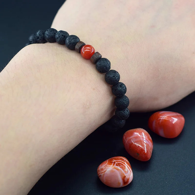 Natural Stone Red Stripe Agate Beads Bracelet Women Men Genuine Red Carnelian Round Bangle Natural Volcanic Stone Bracelet Gift