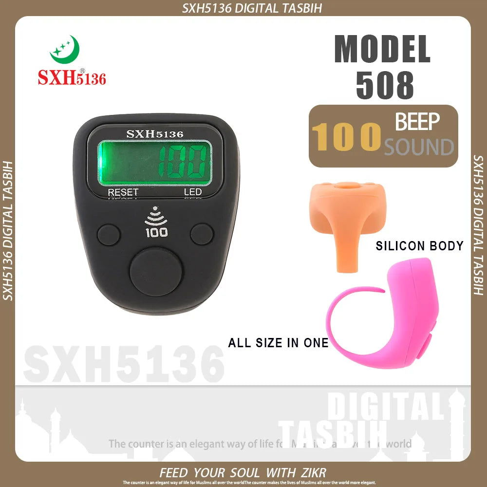 SXH5136 New Model LCD Finger Ring Tally Counter with 100 Beep Sound & LED Light Pray Tasbeeh Zikr Ring Muslim Digital Tasbih