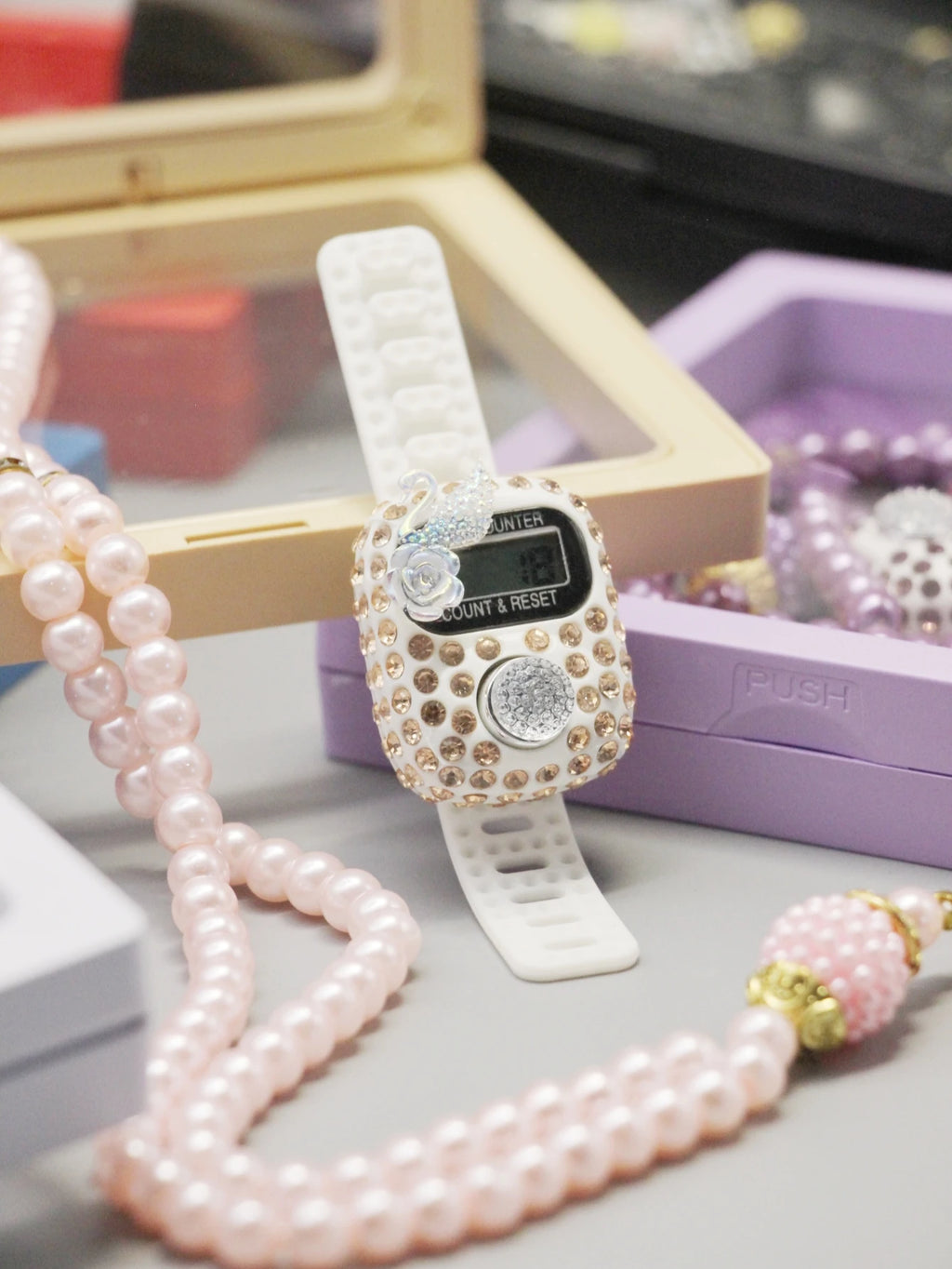 7 Colors Islamic Prayer Counter + 99 Beads Crystal Tasbih Set | Bow/Flower/Insect Random | Transparent Gift Box