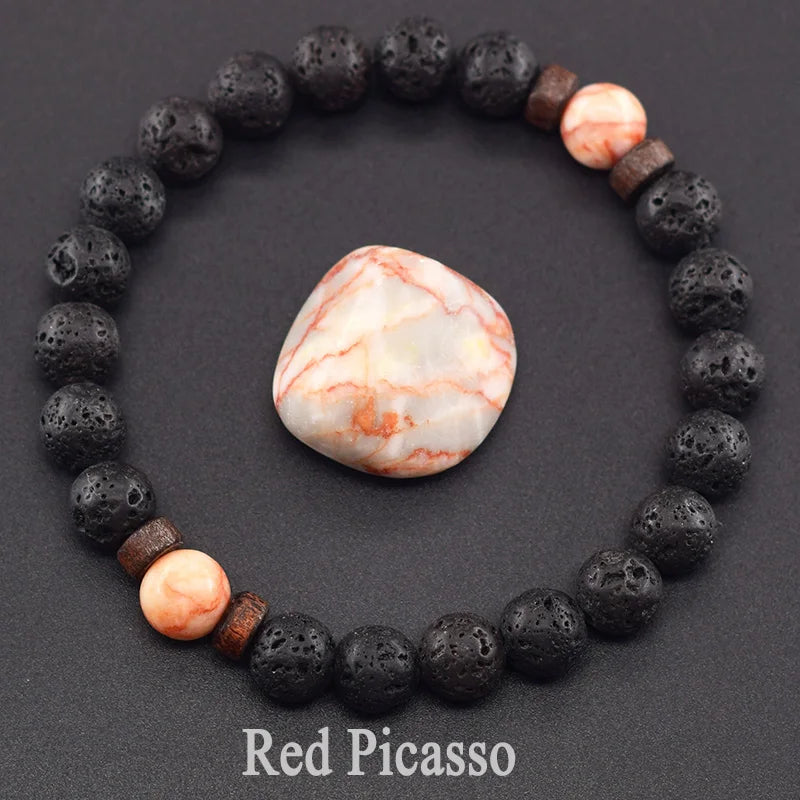 Natural Stone Red Stripe Agate Beads Bracelet Women Men Genuine Red Carnelian Round Bangle Natural Volcanic Stone Bracelet Gift