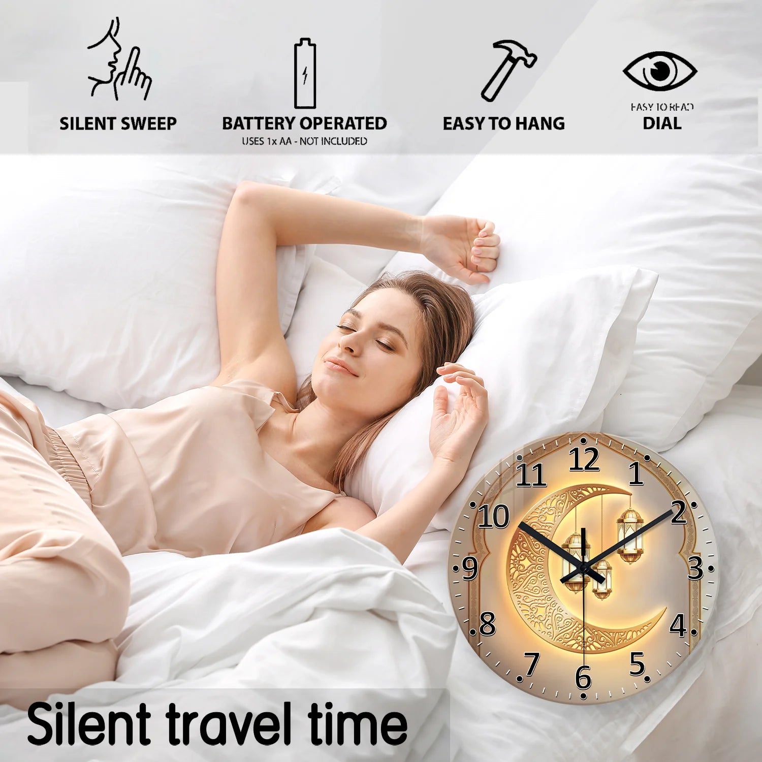A Modern Accessible Luxury Golden Moon Lantern 4mm Thickeneded Tempered Glass Wall Clock Living Room Bedroom Kitchen Home Decoration Wall Clock Silent Quartz Clock Kaishi Gift 12 Inches 14 Inches 16inch (No Battery)