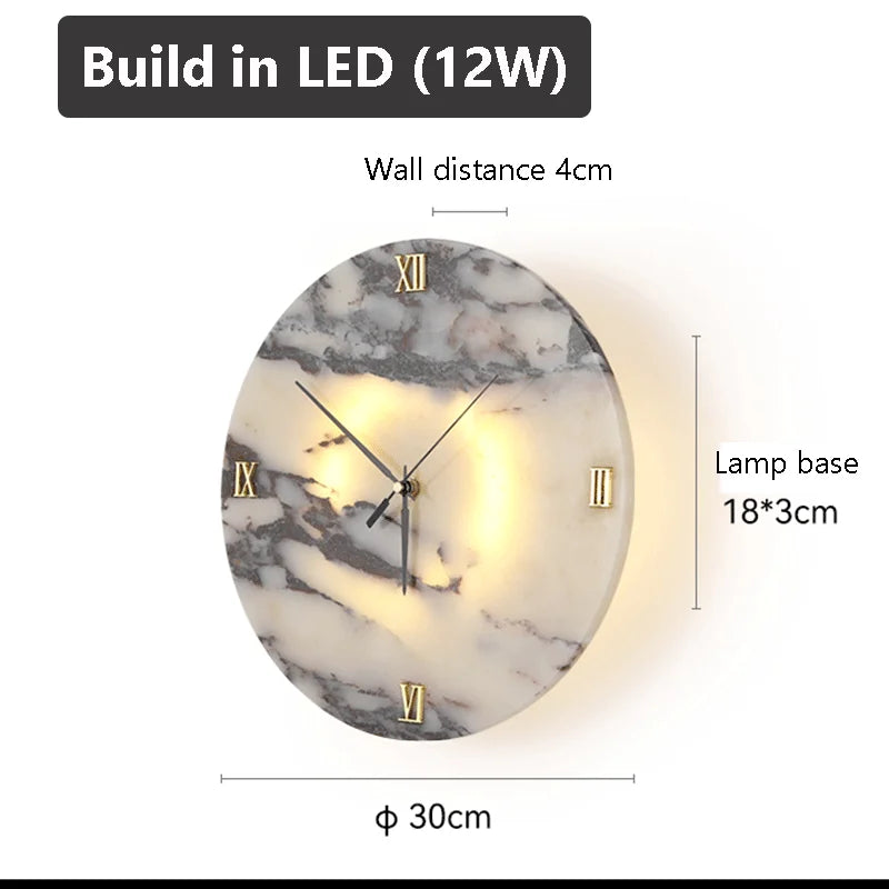 Round Luxury Clock function Natural Stone Alabaster Wall Lamp Living Room Marble Sconce Decor Atmosphere LED High-end LED Light