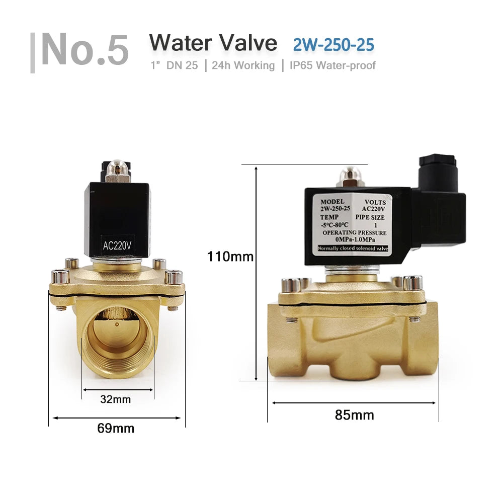 1/2" 3/4" 1" Normally Closed Brass Electric Solenoid Valve DN15 DN20 DN25 Pneumatic For Water Oil Air 12V 24V 220V