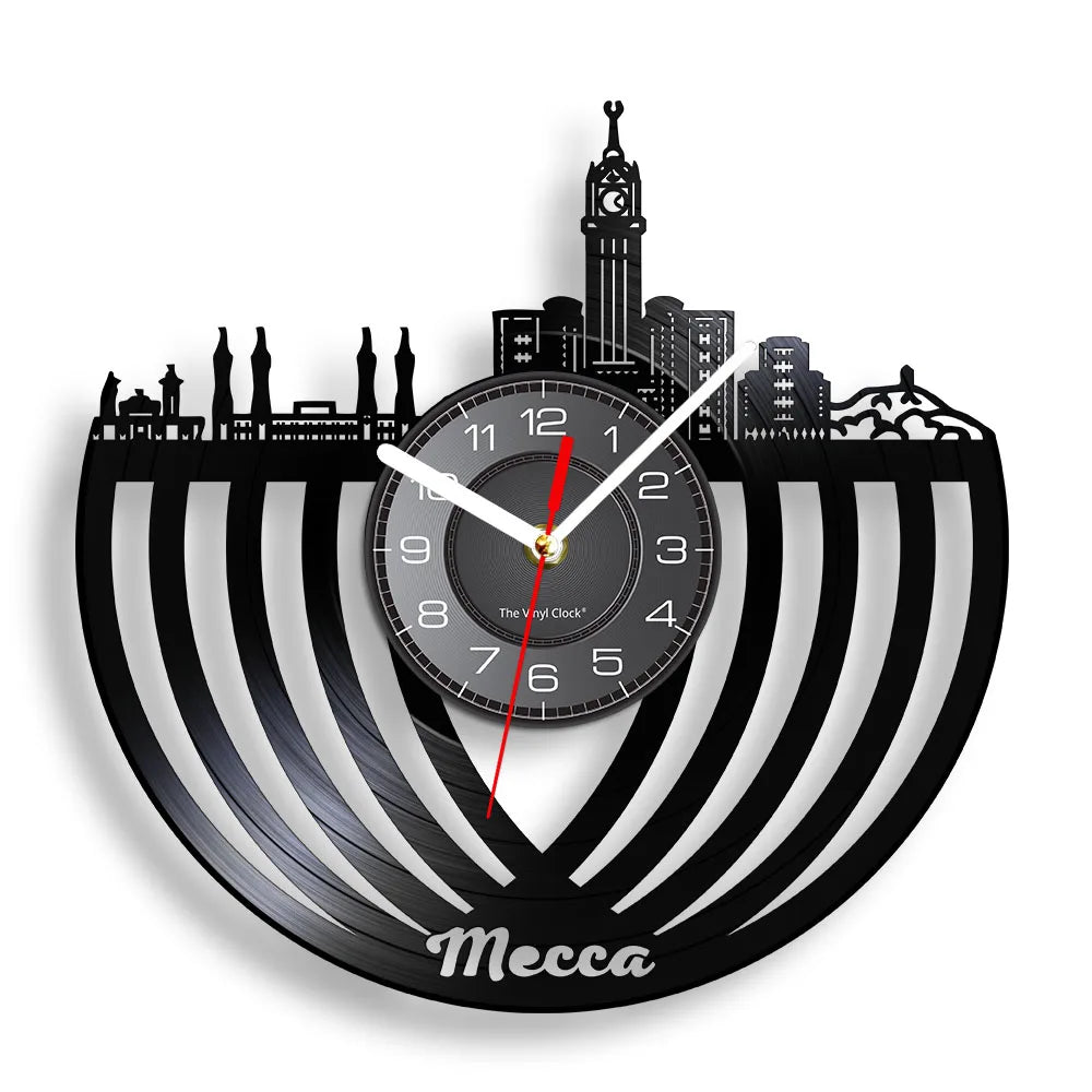 Famous City Mecca Wall Sign Vinyl Record Wall Clock Islamic Vintage Wall Clock Kaba Muslim Architecture Home Decor Clock Gift