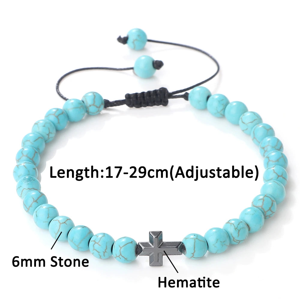 Prayer Men Handmade Woven Bracelet 6mm Natural Tiger Eye Stone Bangle with Hematite Cross Yoga Rosary Jewelry Homme Pulsera Gift