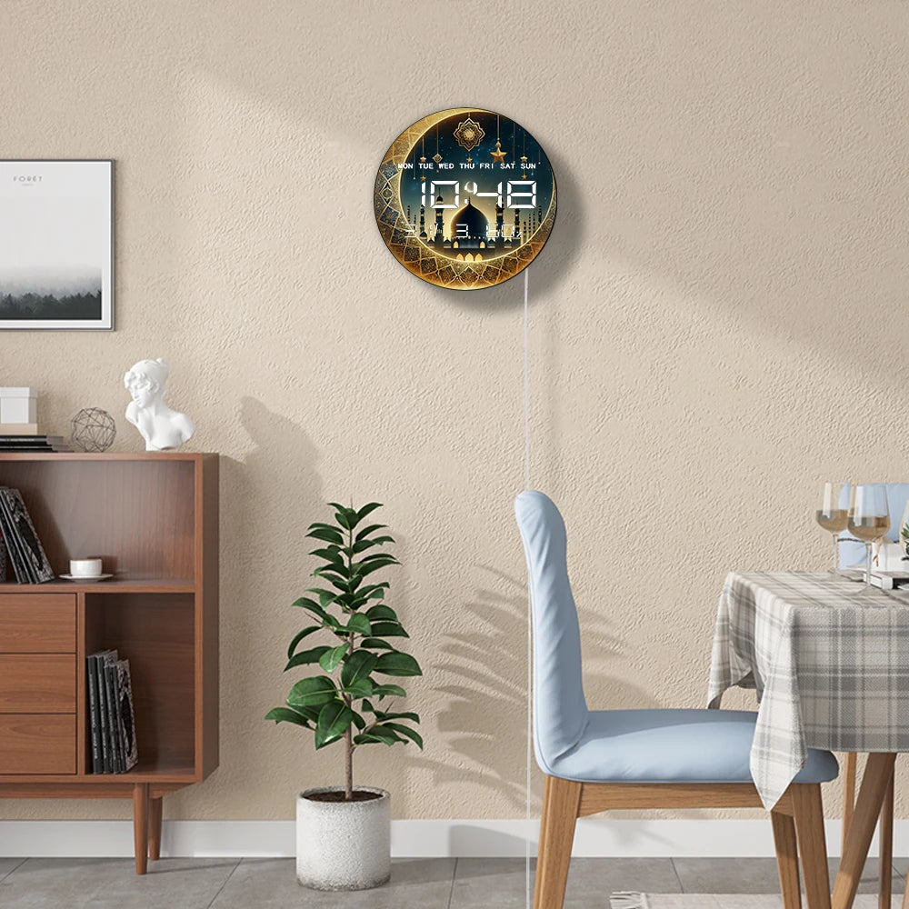 Gold Crescent Moon LED Digital Wall Clock with Timer Date Temperature Islamic Mosque Eid Mubarak Home Decor Electric Wall Clock
