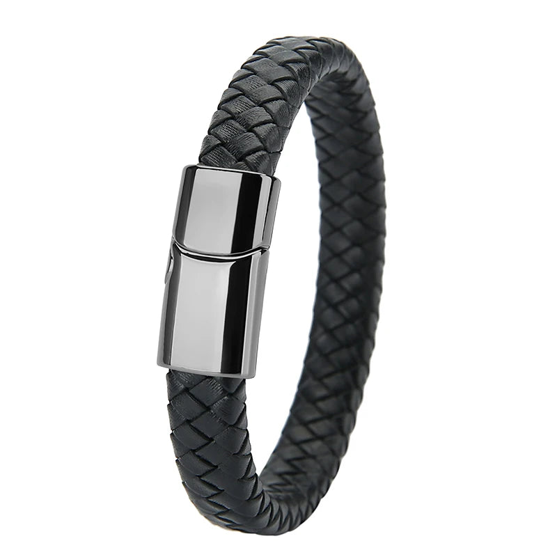Mibrow Braided Black Leather Men Bracelet 10x5 12x6mm Size Fashion Metal Magnetic Clasp Wrap Bracelets Punk Charm Men Jewelry