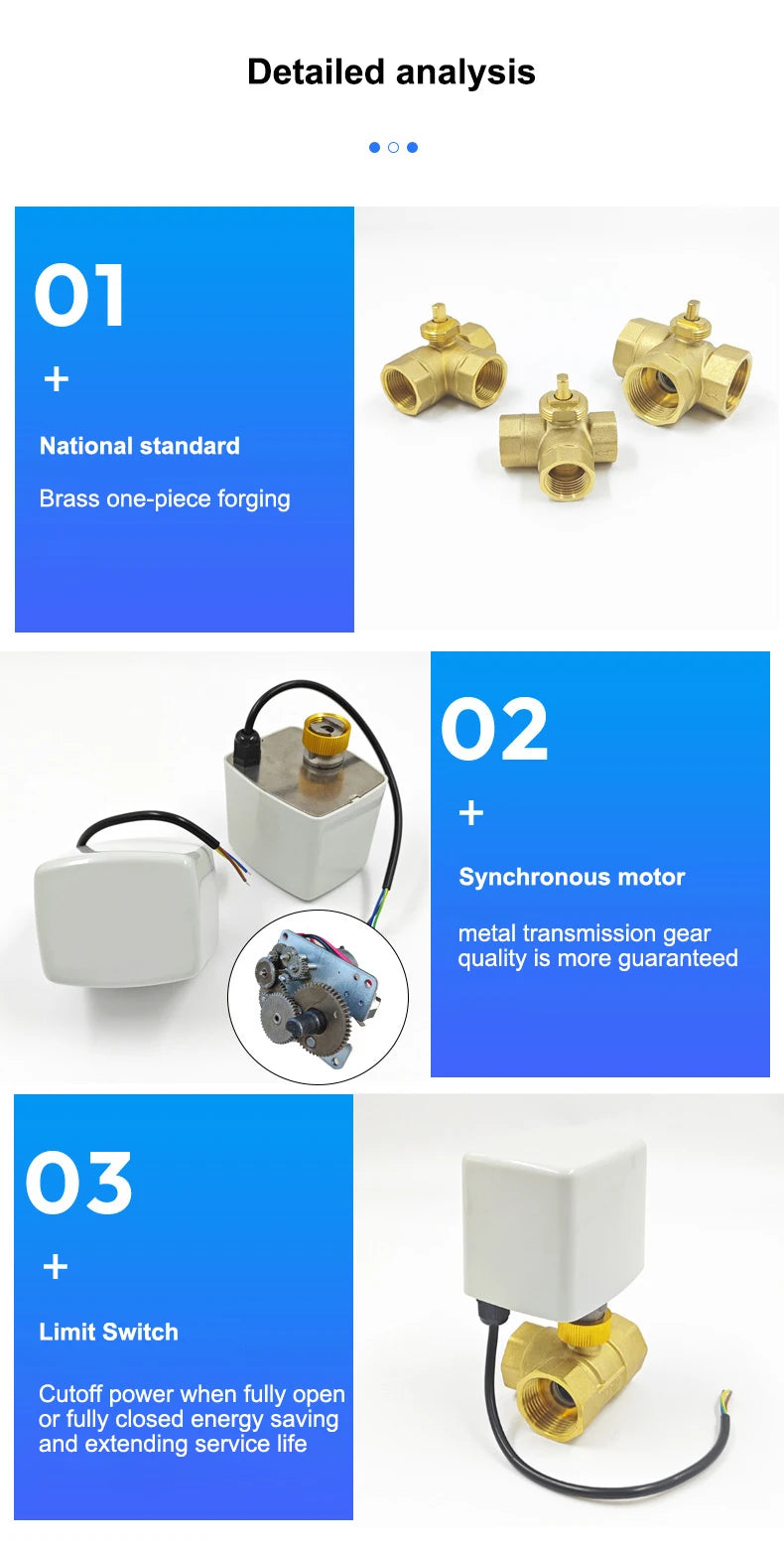 1/2" 3/4" 1" 1-1/4" 1-1/2" Brass 3-Way Electric Ball Valve Three Wire Two Control AC220V DC24V DC12V AC24V