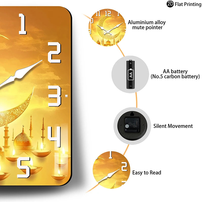 Wall Clock Islamic-themed crescent moon minarets Quartz Square Analog Bedroom Bathroom Christmas Halloween Birthdays Gift