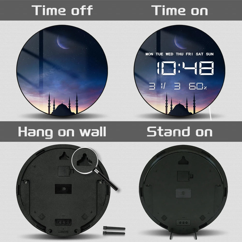 Islamic Eid Celebration Golden Crescent Moon LED Digital Wall Clock with Temperature Humidity Date Calendar Electric Wall Clock