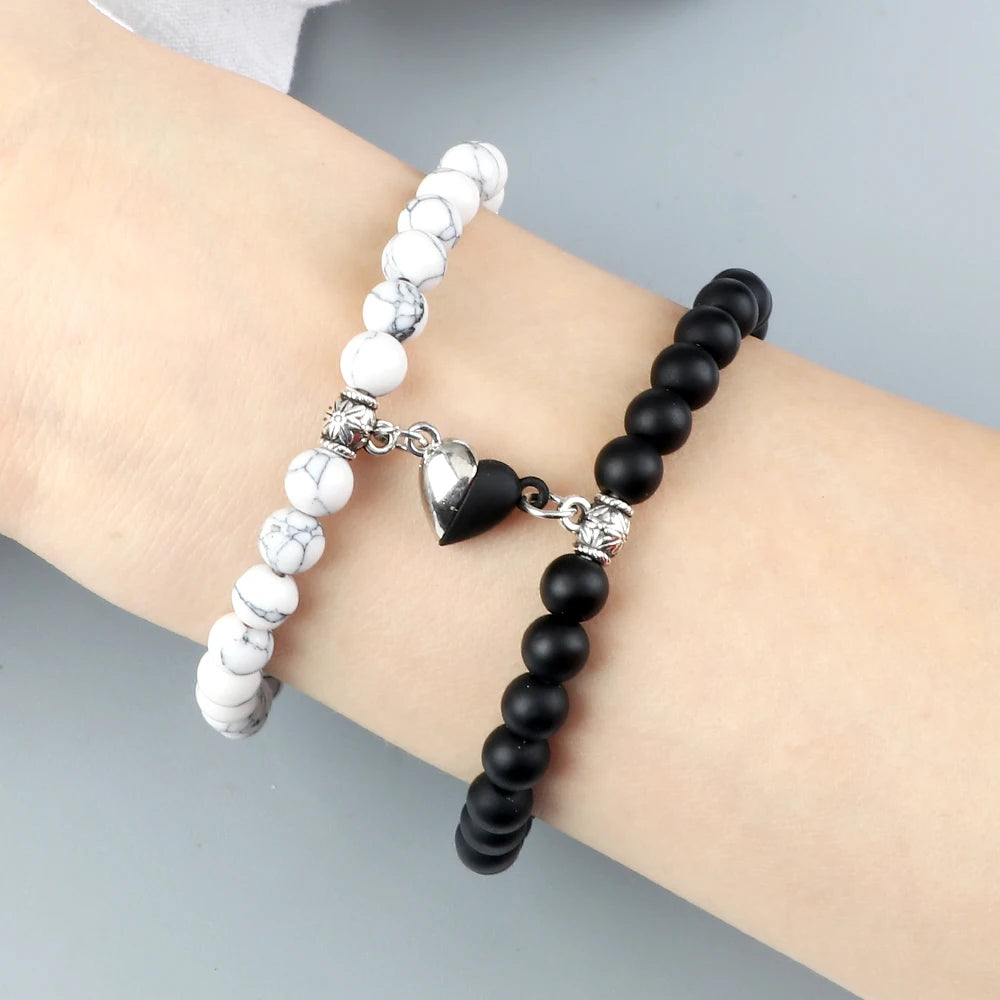 2Pcs/Set Sliver Black Color Magnet Pendant Bracelets 6MM 8MM White Porcelain Black Line Beads Couple Bracelet Jewelry Gift New