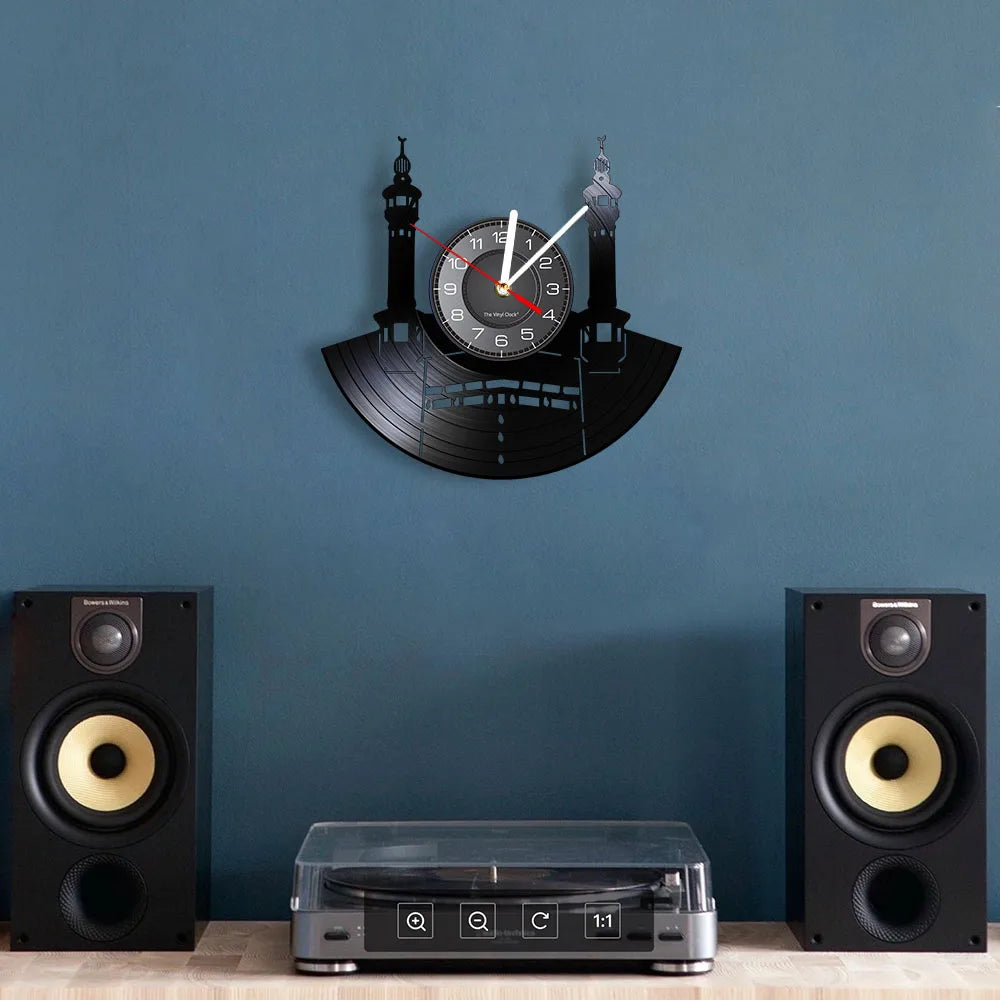Famous City Mecca Wall Sign Vinyl Record Wall Clock Islamic Vintage Wall Clock Kaba Muslim Architecture Home Decor Clock Gift