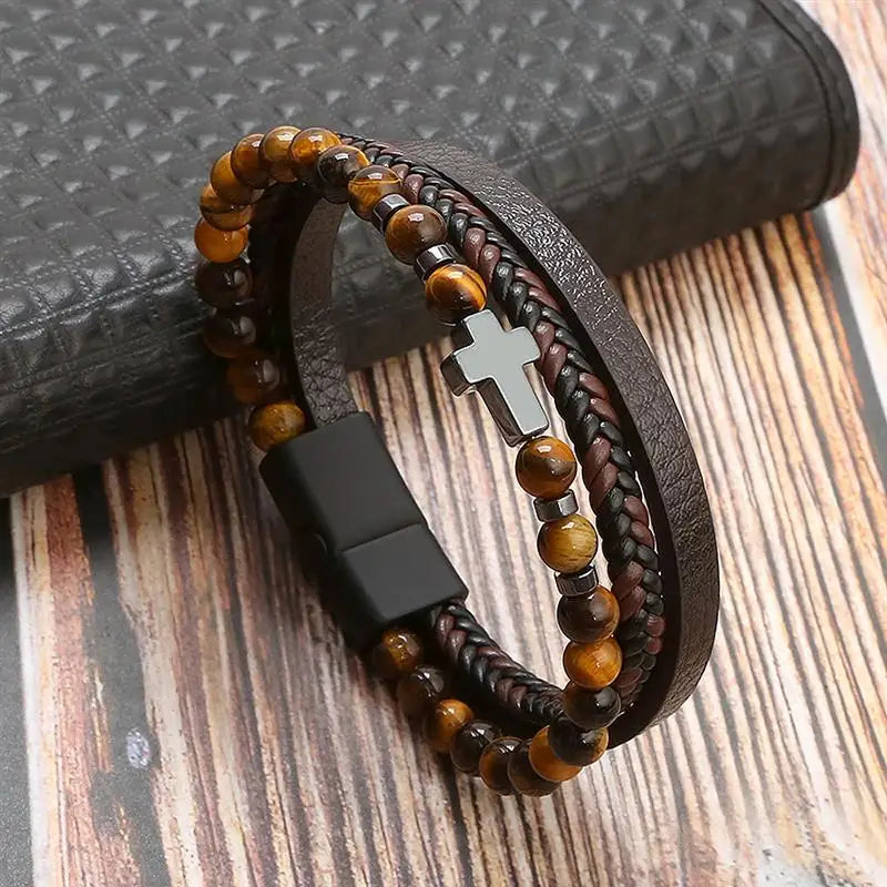 Jiayiqi Leather Bracelet Men Punk Hip Hop Metal Charm Tiger Eye Stone Beads Multi-Layer Bracelet For Men Fashion Jewelry Gift