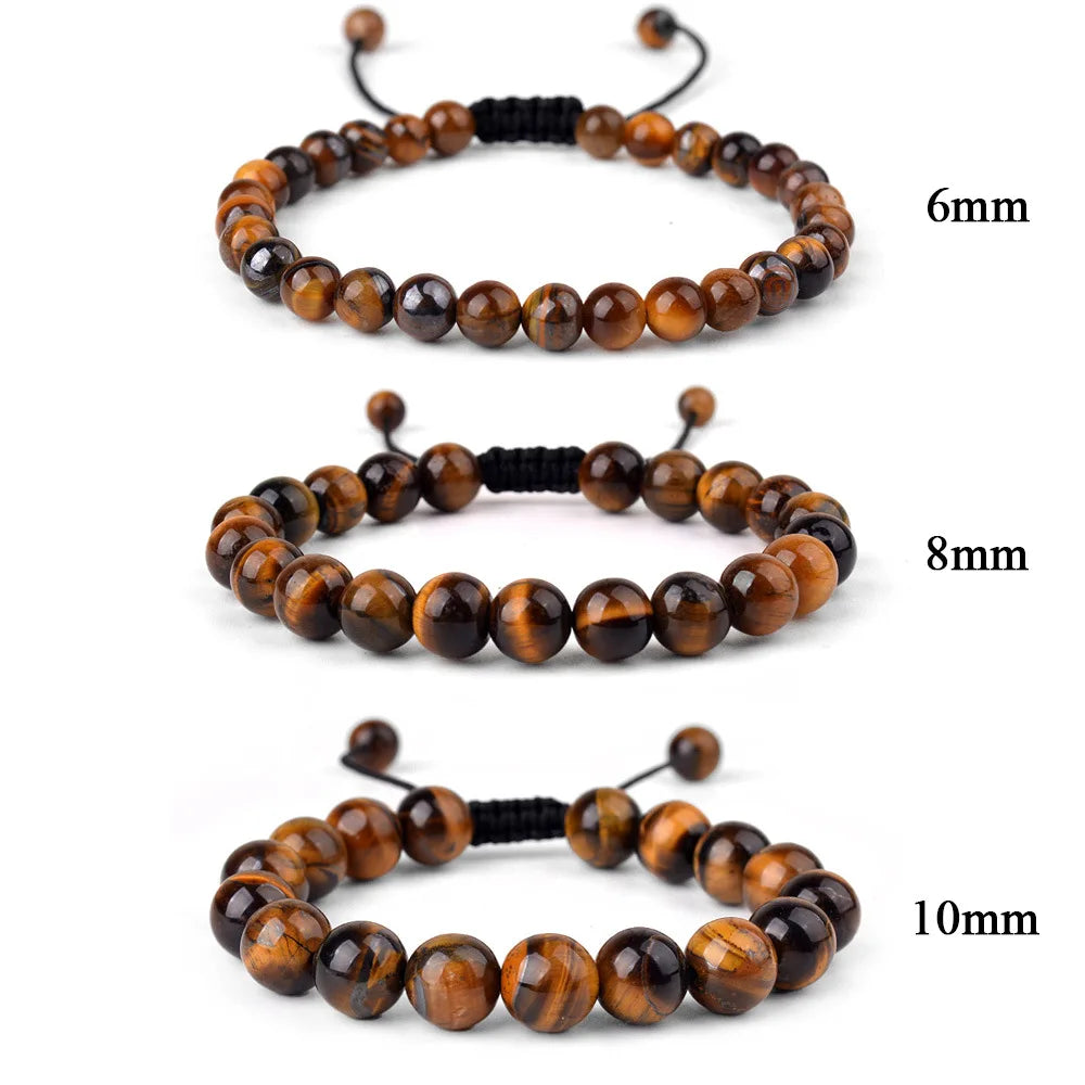 6mm 8mm 10mm Natural Stone Bracelet, Tiger Eye Agate Lava Bead Unisex Adjustable Handwoven Boho Jewelry Gift for Men Women