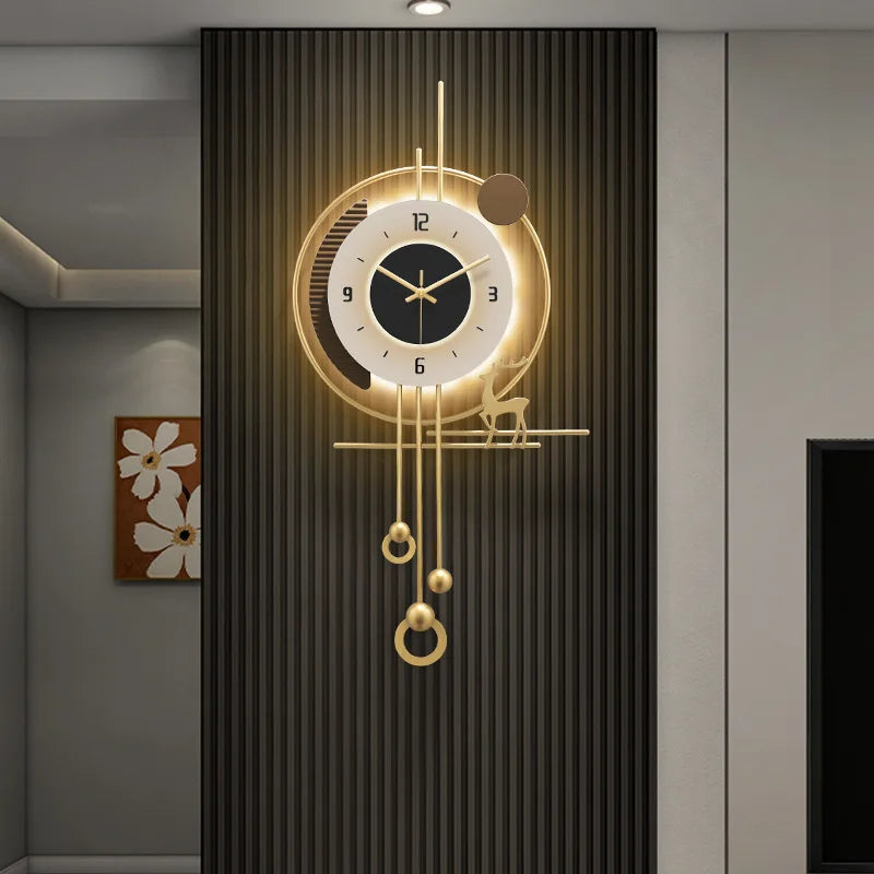 Modern minimalist TV background deer wall clock ,wooden grille decoration with lights hanging clock