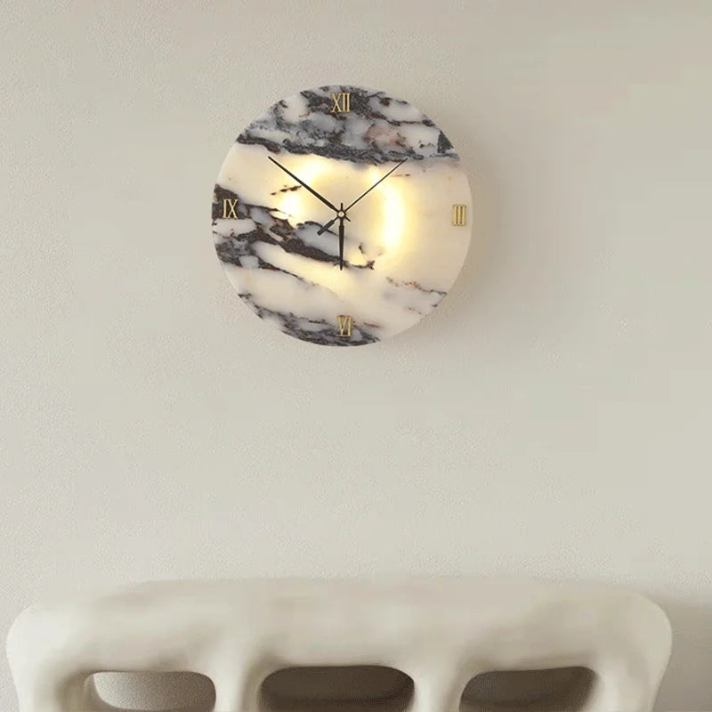 Round Luxury Clock function Natural Stone Alabaster Wall Lamp Living Room Marble Sconce Decor Atmosphere LED High-end LED Light