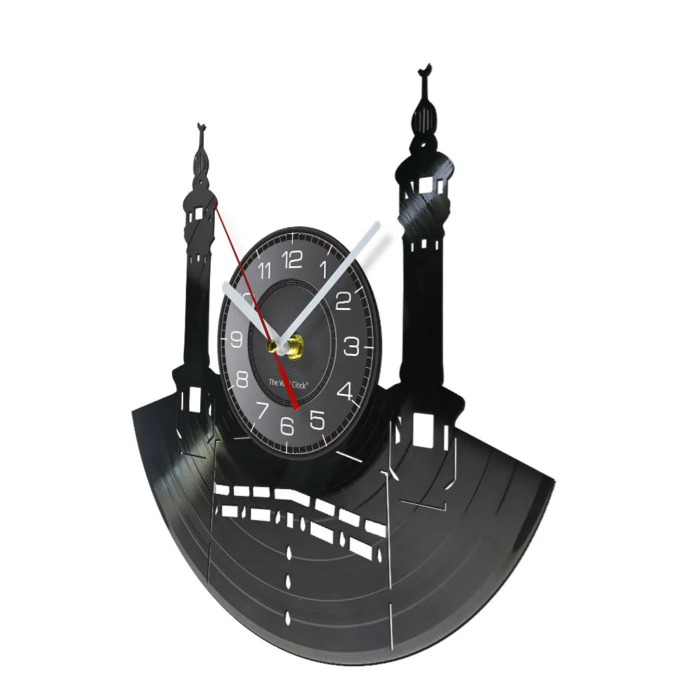Famous City Mecca Wall Sign Vinyl Record Wall Clock Islamic Vintage Wall Clock Kaba Muslim Architecture Home Decor Clock Gift