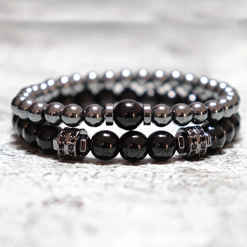 New In Unique Men Bracelet Set Luxury Black Zirconia Braclet Homme Natural Lava Tiger Eyes Stone Braslet Beaded Accessories Gift