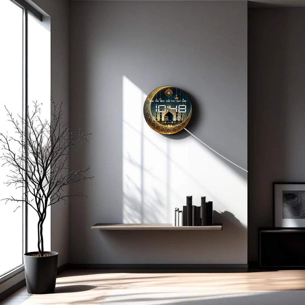 Gold Crescent Moon LED Digital Wall Clock with Timer Date Temperature Islamic Mosque Eid Mubarak Home Decor Electric Wall Clock