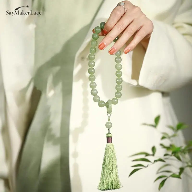 1pcs Green Jade Stone 12mm Beads Tassel Bracelet Necklace Tibetan Buddhist Buddha Charm Rosary Yoga Men Woman Jewelry