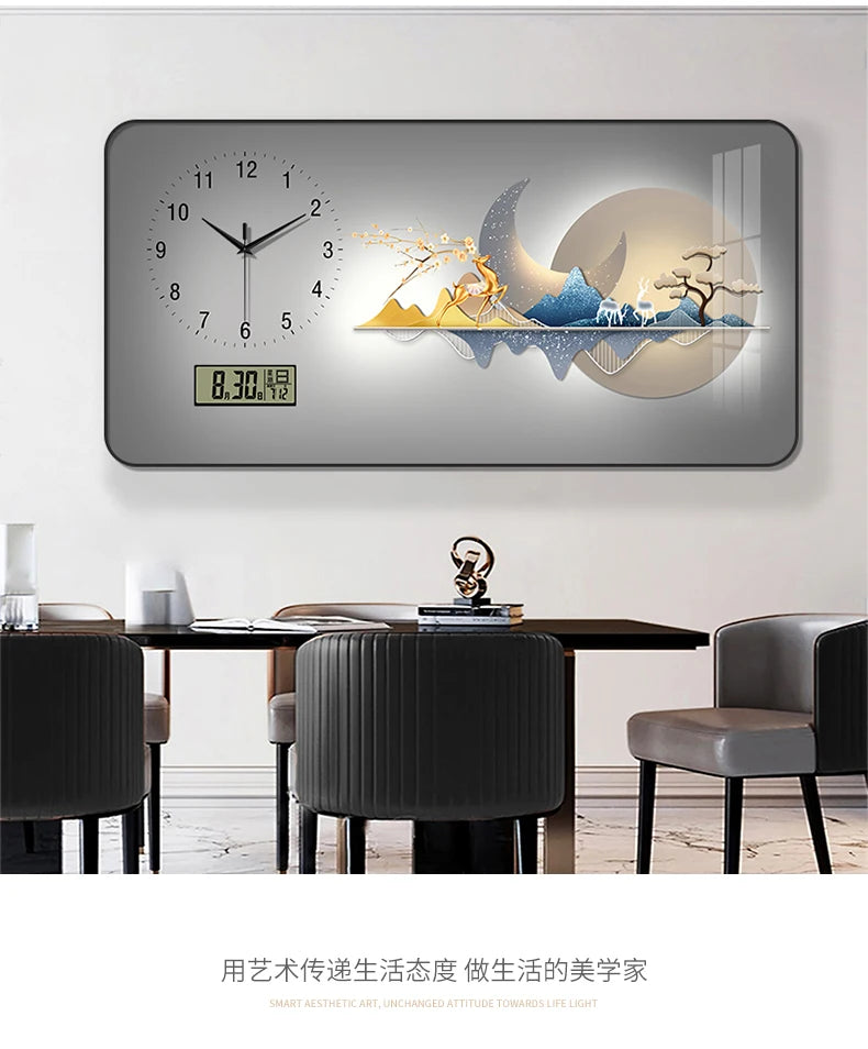 Nordic Light Luxury Clock Wall Clock Living Room and Restaurant Decoration Painting Light and Shadow Elk Perpetual Calendar