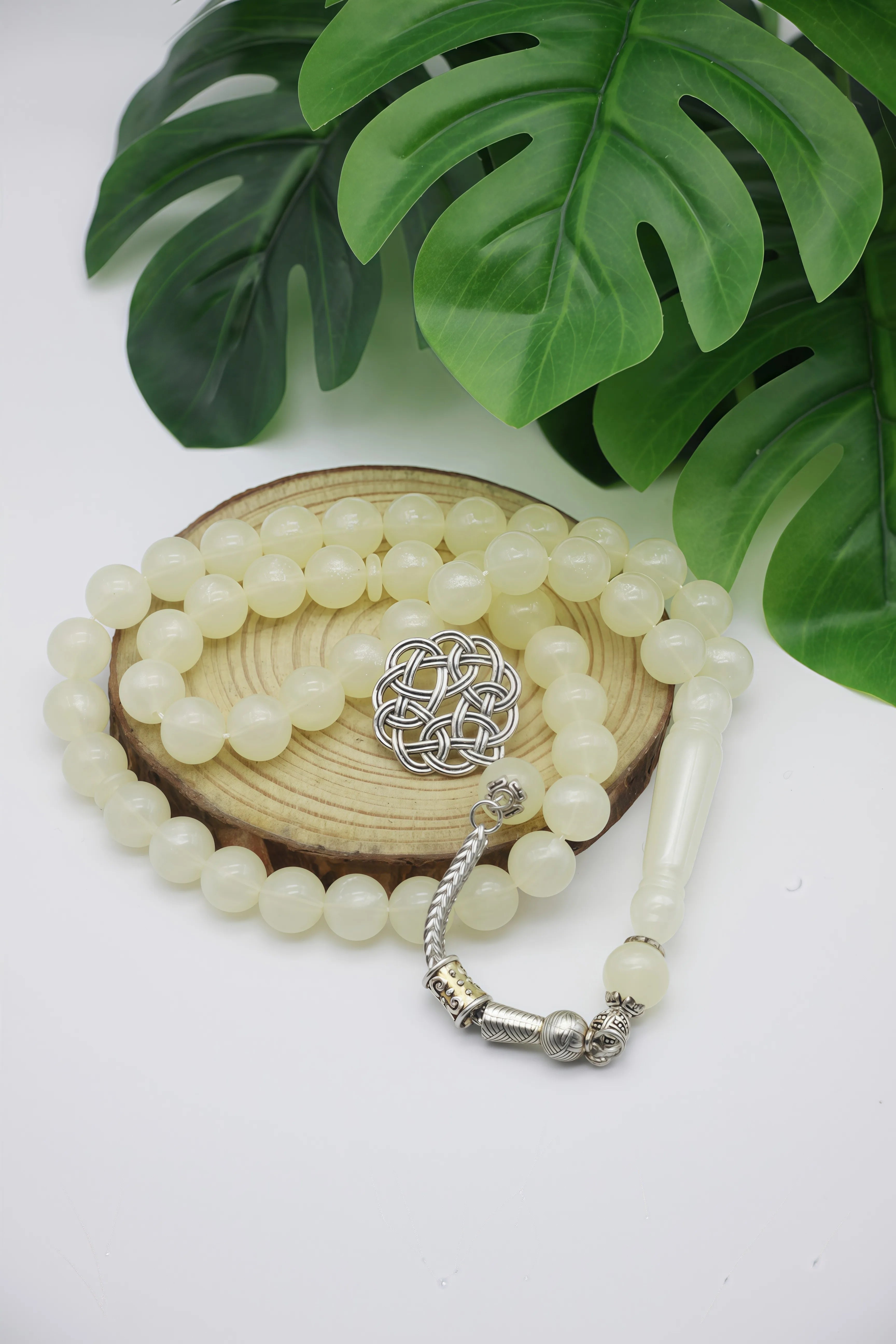 Islamic Tasbih Prayer Beads with Celtic Knot, Gold Foil in Cream/Blue/Black, Handmade Beads for Prayer & Ramadan Gift