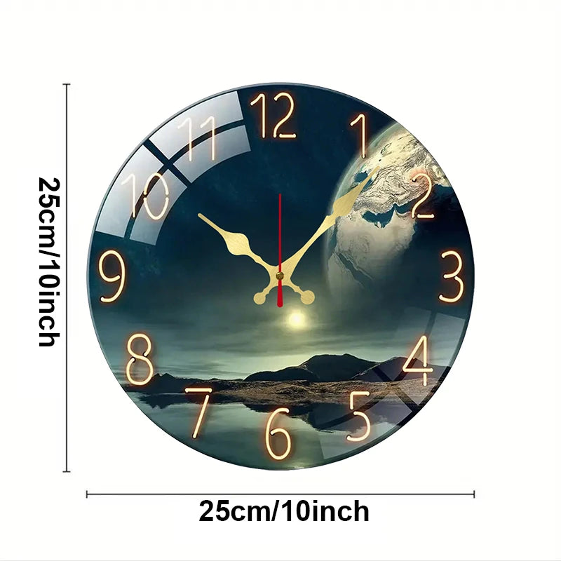 Earth Landscape Wooden Round Silent Hanging Wall Clock, Suitable For Living Room, Office, Study Room, Bedroom, Home Decoration