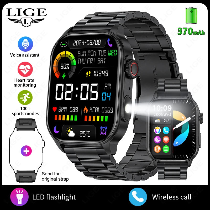 LIGE Smart Watch for Men Women LED Flashlight Full Touch Screen Sport Fitness Watches BT Call Digital Smartwatch Wristwatch New