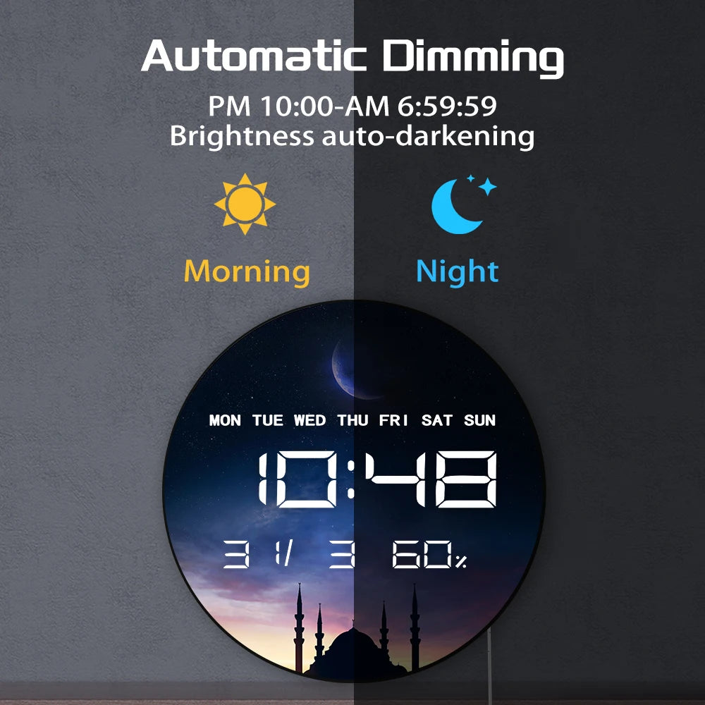 Islamic Eid Celebration Golden Crescent Moon LED Digital Wall Clock with Temperature Humidity Date Calendar Electric Wall Clock