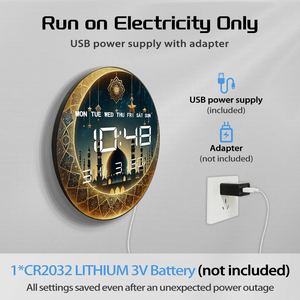 Gold Crescent Moon LED Digital Wall Clock with Timer Date Temperature Islamic Mosque Eid Mubarak Home Decor Electric Wall Clock