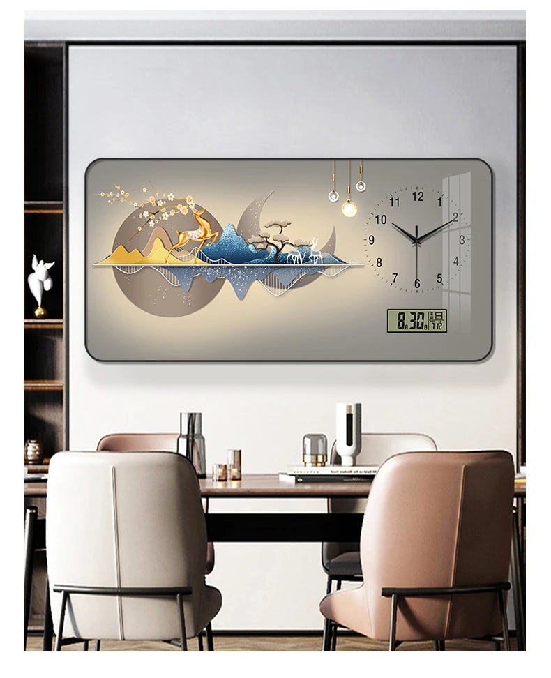 Nordic Light Luxury Clock Wall Clock Living Room and Restaurant Decoration Painting Light and Shadow Elk Perpetual Calendar