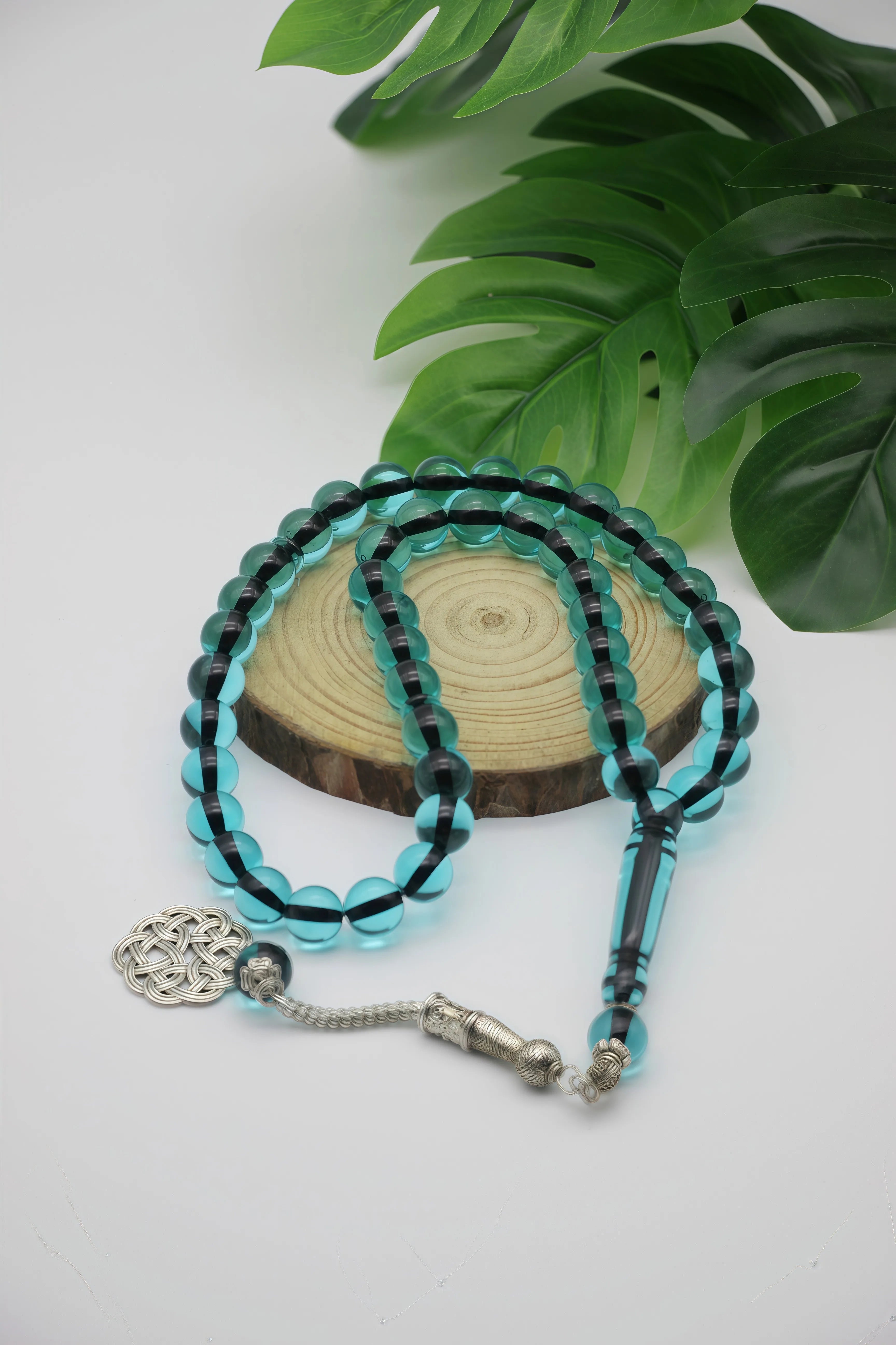 Islamic Tasbih Prayer Beads with Celtic Knot, Gold Foil in Cream/Blue/Black, Handmade Beads for Prayer & Ramadan Gift